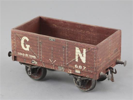 A Gauge 1 GN open wagon, brown, with link coupling, no.687